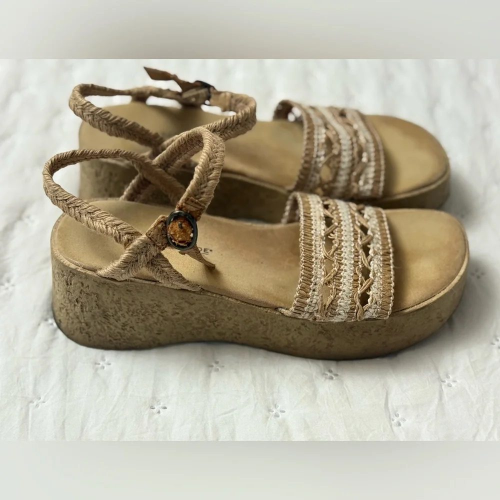 Lower East Side Platform Boho Wedge Straw Weaved Sandals Ankle Straps Size 7.5